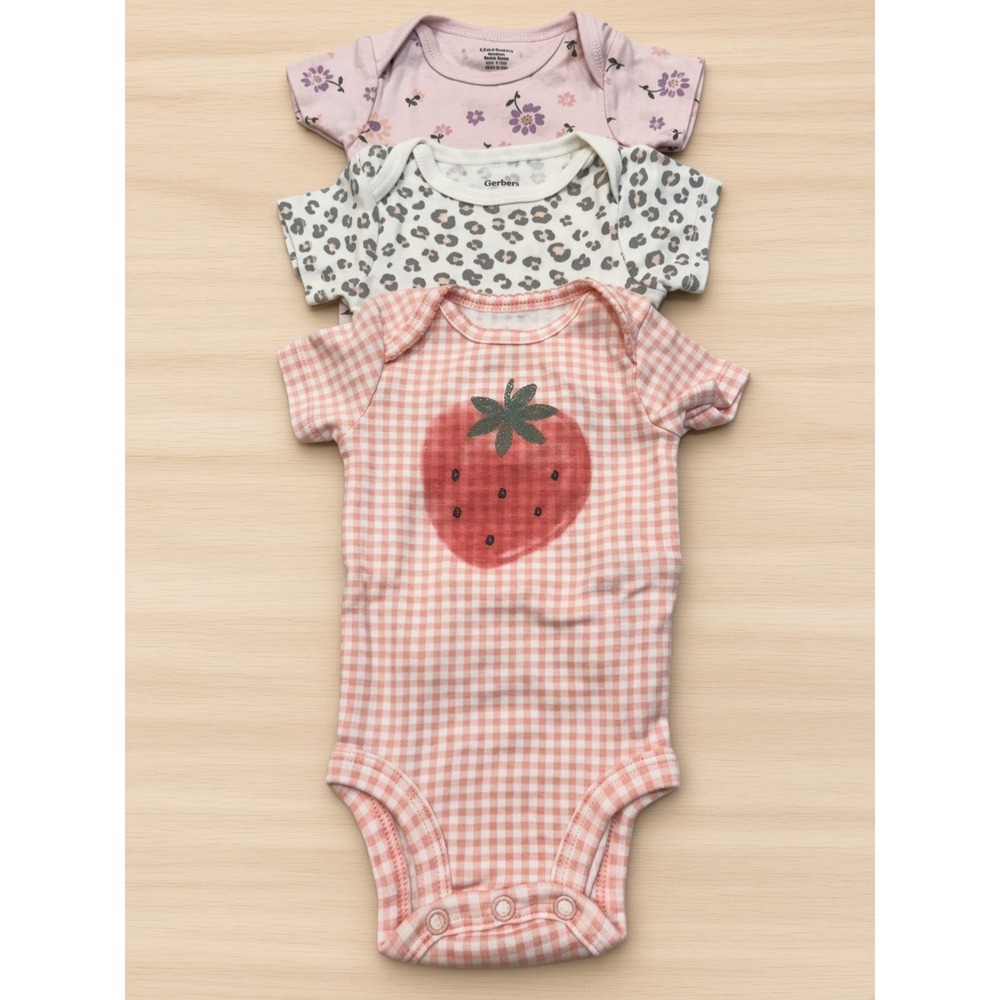 Carter's Gerber Newborn Girl Bodysuit Set 3pk Strawberry Floral Leopard Pink 0M